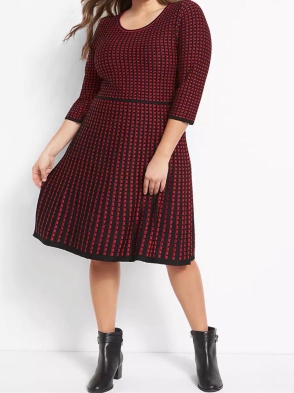 Red and Black Patterned Knit Fit-and-Flare Dress (26)
